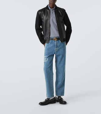 Bomberjacke Web Stripe aus Leder und Strick | Gucci