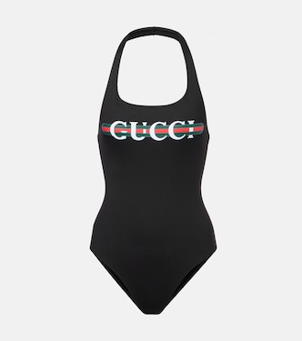 Costume intero con scollo all’americana e logo Web Stripe | Gucci