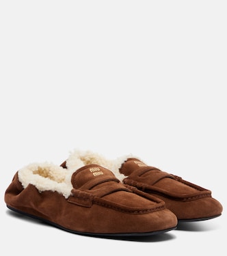 Ruches shearling-lined suede penny loafers | Miu Miu