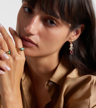 Catena Triple Stone 18kt gold earrings with sapphire, rubellite, amethyst, and diamonds | Nadine Aysoy