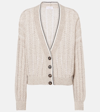 Cardigan in misto lino a righe | Brunello Cucinelli