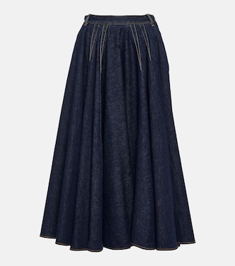Pleated high-rise denim midi skirt | Alaïa