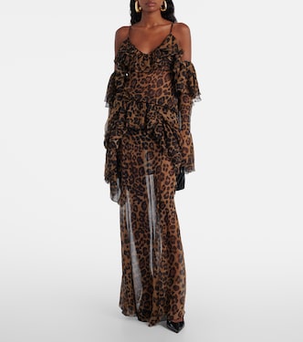 Jupe longue en crêpe de soie à motif léopard | Blumarine