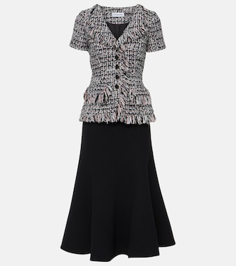 Fringed bouclé and crêpe midi dress | Self-Portrait