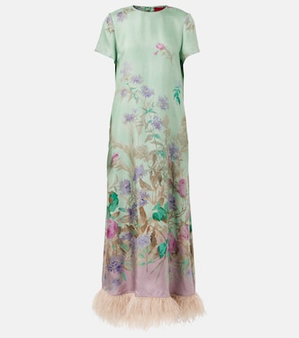 Swing feather-trimmed silk maxi dress | La DoubleJ