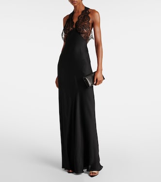 Abito lungo in charmeuse di seta con pizzo | Saint Laurent