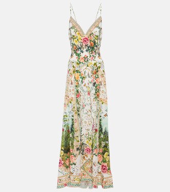 Vestido largo de seda floral adornado | Camilla