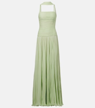 Pleated scarf-detail silk georgette gown | Marmar Halim