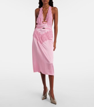 Abito midi in raso di seta con cintura e pizzo | Gucci