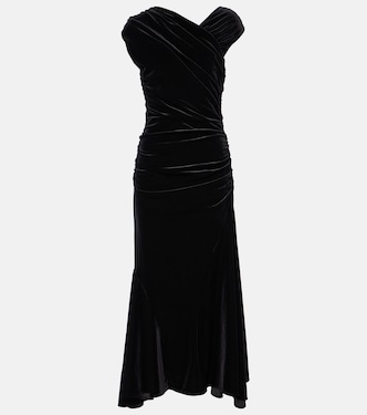 Asymmetric ruched velvet midi dress | Ganni
