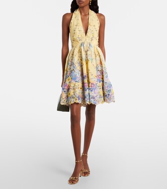 缀饰花卉挂脖亚麻迷你连衣裙 | Camilla