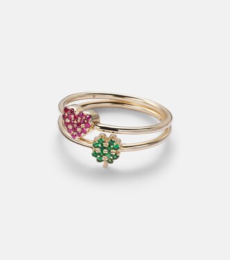 Set di anelli Clover and Heart in oro 14kt con tsavorite e zaffiro | Roxanne First