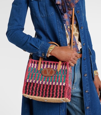 VLogo Small leather-trimmed raffia tote bag | Valentino Garavani