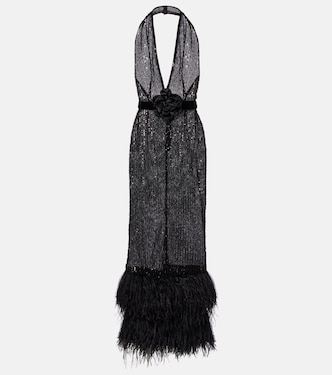 Vestido de fiesta transparente con lentejuelas y plumas | Dolce&Gabbana