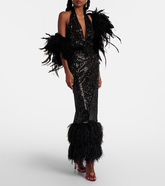 Vestido de fiesta transparente con lentejuelas y plumas | Dolce&Gabbana