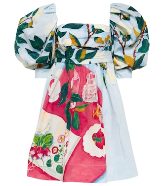 Tablescape puff-sleeve cotton poplin minidress | Oscar de la Renta