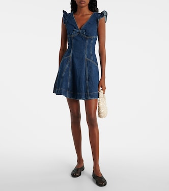 Bow-detail ruffled denim minidress | Self-Portrait
