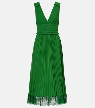 Lace-trimmed plissé chiffon midi dress | Self-Portrait