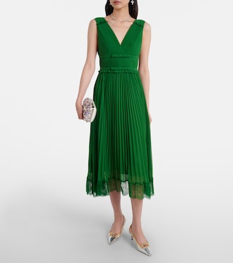 Lace-trimmed plissé chiffon midi dress | Self-Portrait