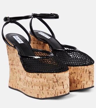 Patent leather and mesh wedge sandals | Alaïa