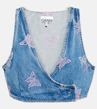 Top cropped di jeans con ricami | Ganni
