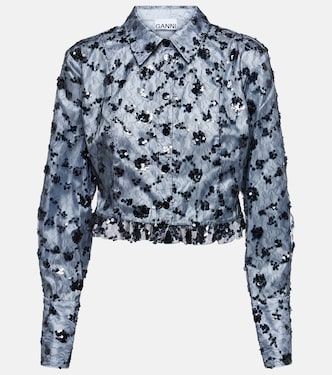 Camicia cropped in pizzo con paillettes | Ganni