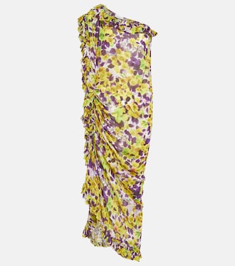 Ruffle-trimmed floral satin midi dress | Dries Van Noten