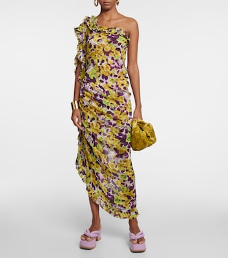 Ruffle-trimmed floral satin midi dress | Dries Van Noten