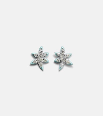 Asymmetric floral 18kt white gold earrings with enamel and diamonds | Kamyen