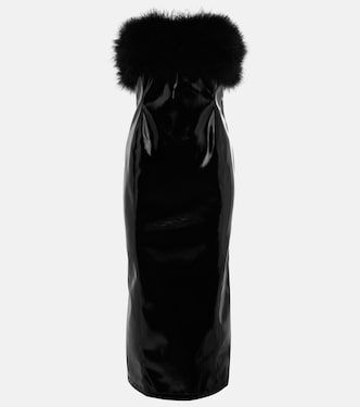 Feather-trimmed faux leather midi dress | Blumarine