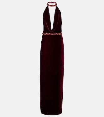 Draped embellished halterneck velvet gown | Costarellos