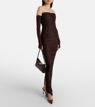 Ruched off-shoulder embellished jersey gown | Alex Perry