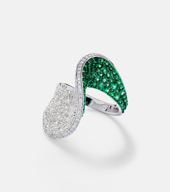 Bague en or blanc 18 ct, diamants et émeraudes | Kamyen