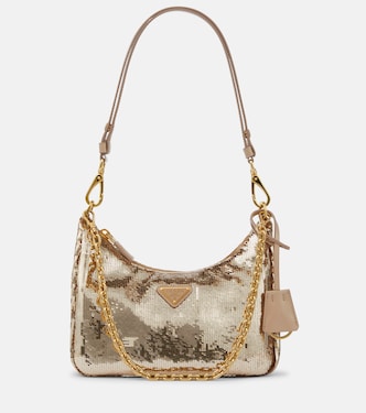 Schultertasche aus Re-Nylon mit Pailletten | Prada