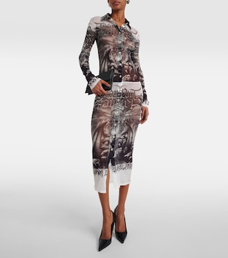 Bedrucktes Hemdblusenkleid aus Mesh | Jean Paul Gaultier