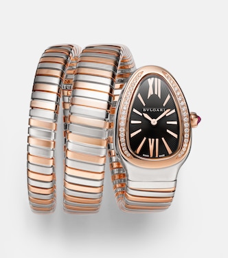 Orologio Serpenti Tubogas in oro rosa 18kt e acciaio inossidabile con diamanti e rubellite | Bvlgari