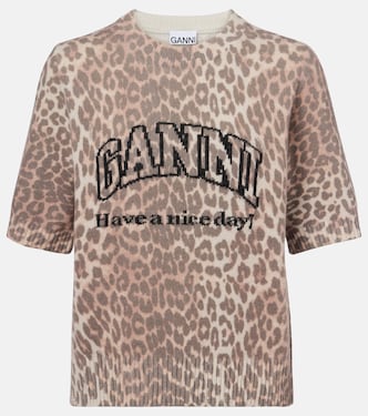 Logo leopard-print wool-blend top | Ganni