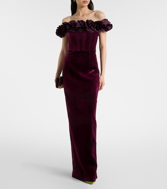 Abito lungo off-shoulder Charles in velluto | Rebecca Vallance