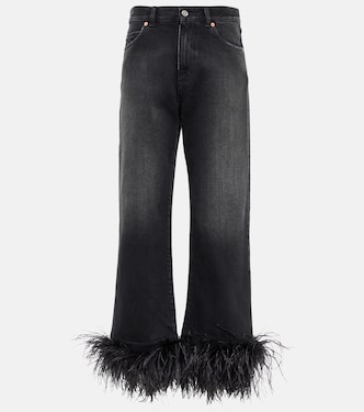 Feather-trimmed high-rise wide-leg jeans | Valentino