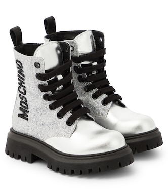 Stivali in pelle con glitter e logo | Moschino Kids