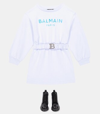 Abito felpa in cotone con cintura e logo | Balmain Kids