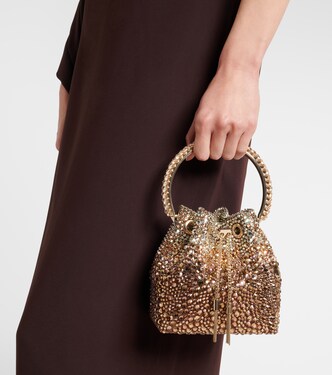 Bon Bon Small crystal-embellished satin bucket bag | Jimmy Choo