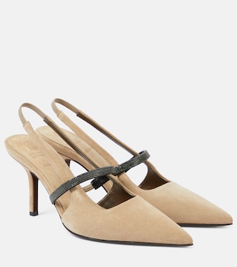 Pumps slingback in suede con monili | Brunello Cucinelli