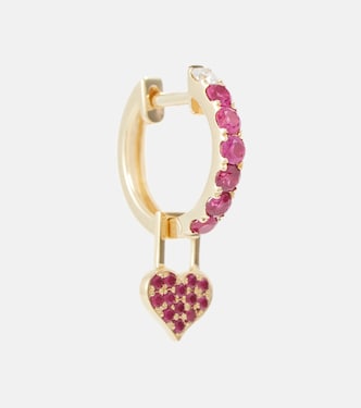 Boucle d'oreille unique Orb Midi en or 14 ct et Heart EarWish avec diamants et rubis | Robinson Pelham