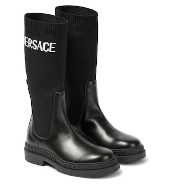 Stivaletti in pelle con logo in jacquard | Versace Kids