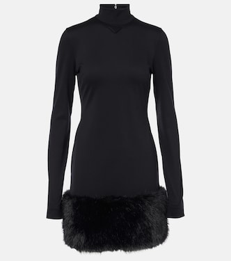 Faux fur-trimmed turtleneck jersey minidress | Prada