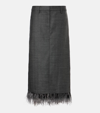 Falda midi de lana virgen con plumas | Brunello Cucinelli