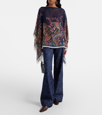 Poncho in crêpe de chine di seta con stampa  | Etro