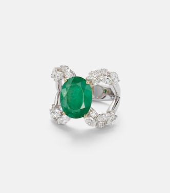 18kt white gold (750/1000) ring with diamonds and emerald  | Yeprem