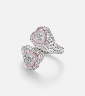 Anello Gemini Heart in oro bianco 18kt e smalto con diamanti | Kamyen